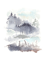 Nordic forest landscape painted in watercolor on white isolated vertical background