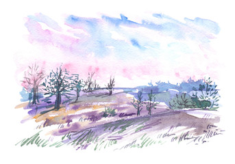 Landscape with bare trees in the field and pink and purple sunset sky painted in watercolor on white isolated background