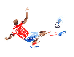 Fototapeta premium Player in red shirt and blue shorts kicking the ball in motion, painted in watercolor on clean white background