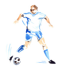 Player in white shirt and blue shorts kicking the ball, painted in watercolor on clean white background