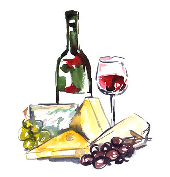 Red wine with cheese and grapes painted in watercolor on clean white background