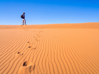 Fototapeta na wymiar Single man walking on the Namib Desert