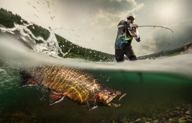 Wall murals Fishing Fishing. Fisherman and trout, underwater view    
