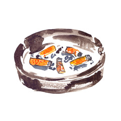 Ashtray with five cigarette butts and ashes painted in watercolor on clean white background