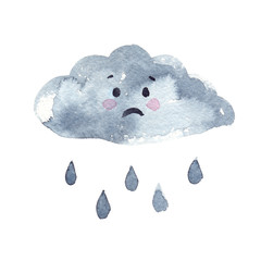 Little sad cartoon cloud with raindrops painted in watercolor on clean white background