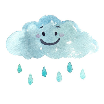 Little happy smiling cartoon cloud with raindrops painted in watercolor on clean white background