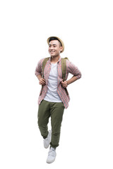 Full-length image of a going asian man ready to travel