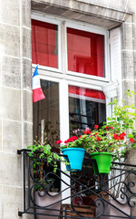Fototapeta na wymiar Paris- French Window mit Blumen und Flagge 