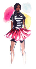 Posing girl in striped top and bright red skirt painted in watercolor on clean white background