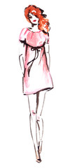 Cute slim walking girl with red hair and pastel pink dress painted in watercolor on clean white background