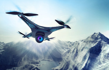camera drone flying over glacier rocky mountains - obrazy, fototapety, plakaty