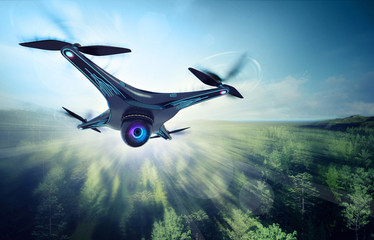 camera drone flying over green woods - obrazy, fototapety, plakaty