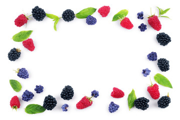Berries Frame on white Background.  Blueberry, Raspberries, and