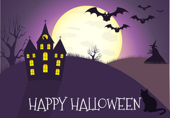 Happy Halloween house scary on dark purple background