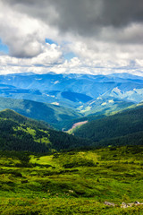 Obraz premium Picturesque Carpathian mountains landscape in summer, view from the height, Ukraine.