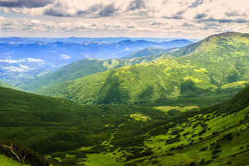 Obraz premium Picturesque Carpathian mountains landscape in summer, view from the height, Ukraine.
