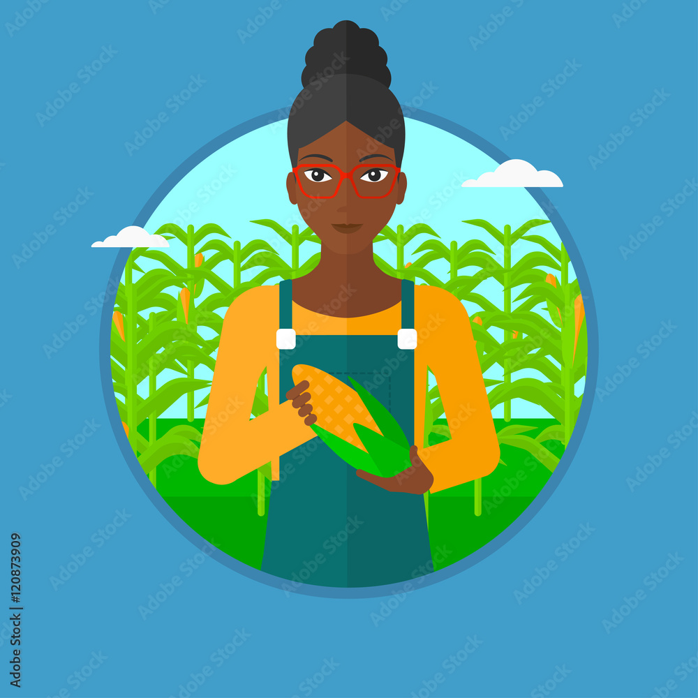 Poster farmer holding corn vector illustration.