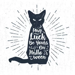 Keuken spatwand met foto Hand getekend Halloween-label met getextureerde zwarte kat vectorillustratie en &quot May luck be yours on Halloween&quot  belettering. © SlothAstronaut