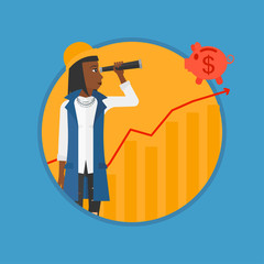 Woman looking through spyglass at piggy bank.