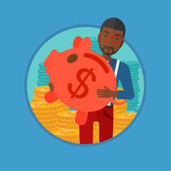 Man carrying piggy bank vector illustration.