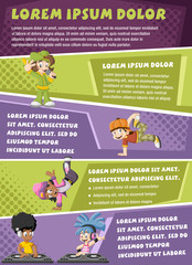 Vector brochure backgrounds with cartoon hip hop dancers with a singer and a dj playing music. Infographic template design.