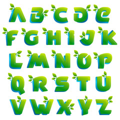 Ribbon eco alphabet logos with green leaves and drops.