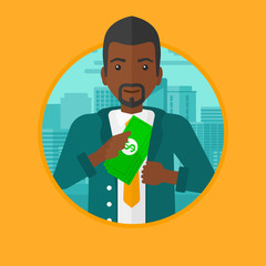 Man putting money in pocket vector illustration.