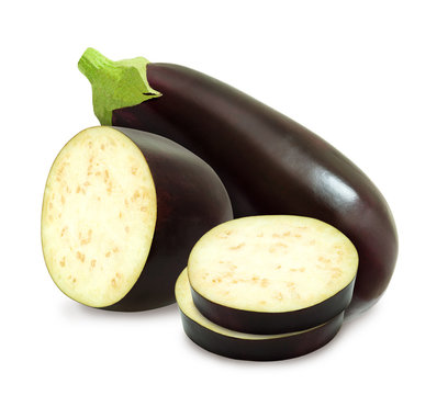 Fresh eggplant and slices isolated on a white background. Design element for product label, catalog print, web use.