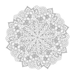 Round element for coloring book. Black and white floral pattern. Vector illustration.