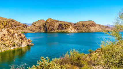 Canyon Lake and the Desert Landscape of Tonto National Forest along the Apache Trail in Arizona, USA