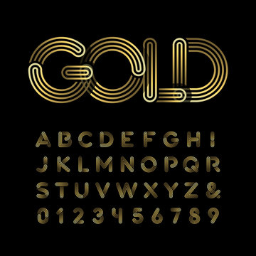 Golden font. Vector alphabet with gold effect letters and number