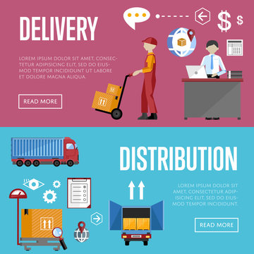 Logistics process services banners set of distribution, transportation and delivery isolated vector illustration. Warehouse management concept. Flate design style.