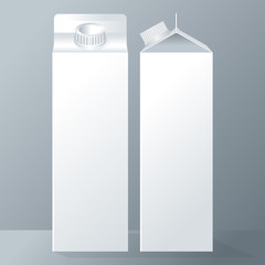 Vector set of white carton beverage pack for milk, juice and water with caps mockup ready for your design
