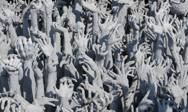Sculpture. An ocean of hands in Wat Rong Khun, better known to foreigners as the White Temple. Located in Chiang Rai, Thailand.