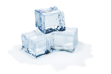 three ice cubes melting on white background