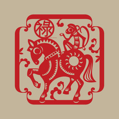 Chinese lucky symbol "Monkey rides a horse" implicates a noble title conferred to people In ancient China. Now, it blesses people to get job promotion and have great achievements in career very soon.