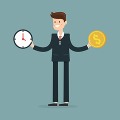 Businessman holds money and clock. Concept vector