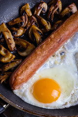 Fried egg, sausage and mushrooms.