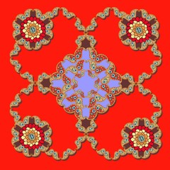 Bandana print, panel or tablecloth with beautiful paisley ornament on bright red background. Silk neck scarf or kerchief square pattern design style for print.