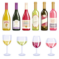 Wine bottles and glasses icons set.