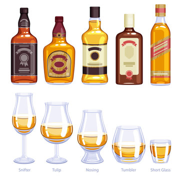 Whisky bottles and glasses icons set.