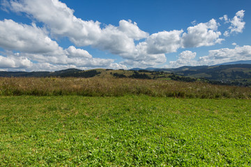 Green meadow, mountain and sky with clouds