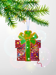 Christmas tree branch with decorative knitted gift. Gift box of knitted fabric hanging on pine twig. Vector image for christmas, new years day, design, winter holiday, decoration, silvester, etc