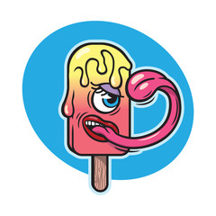 Melting ice cream (popsicle) which licking itself. Funny cartoon style vector illustration.