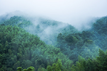 Mountains scenery in the rain and mist