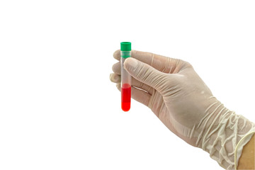 Doctor holding a bottle of blood sample isolated on white background.Saved with clipping path.