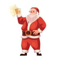 Santa Claus raising a beer glass, cartoon style vector illustration isolated on white background. Full length portrait of Santa with a glass of beer, Christmas decoration element