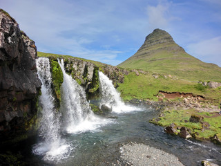 Icelandic triple waterfall near Kirkjufell Mountain