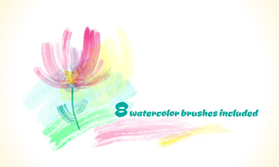 Watercolor digital painting Peony - spring or summer greeting card composition. Collection of watercolor brushes - Set of eight hand-painted watercolor brush strokes