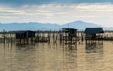 Traditional fishermen wooden houses in Songkhla Lake, Thailand
